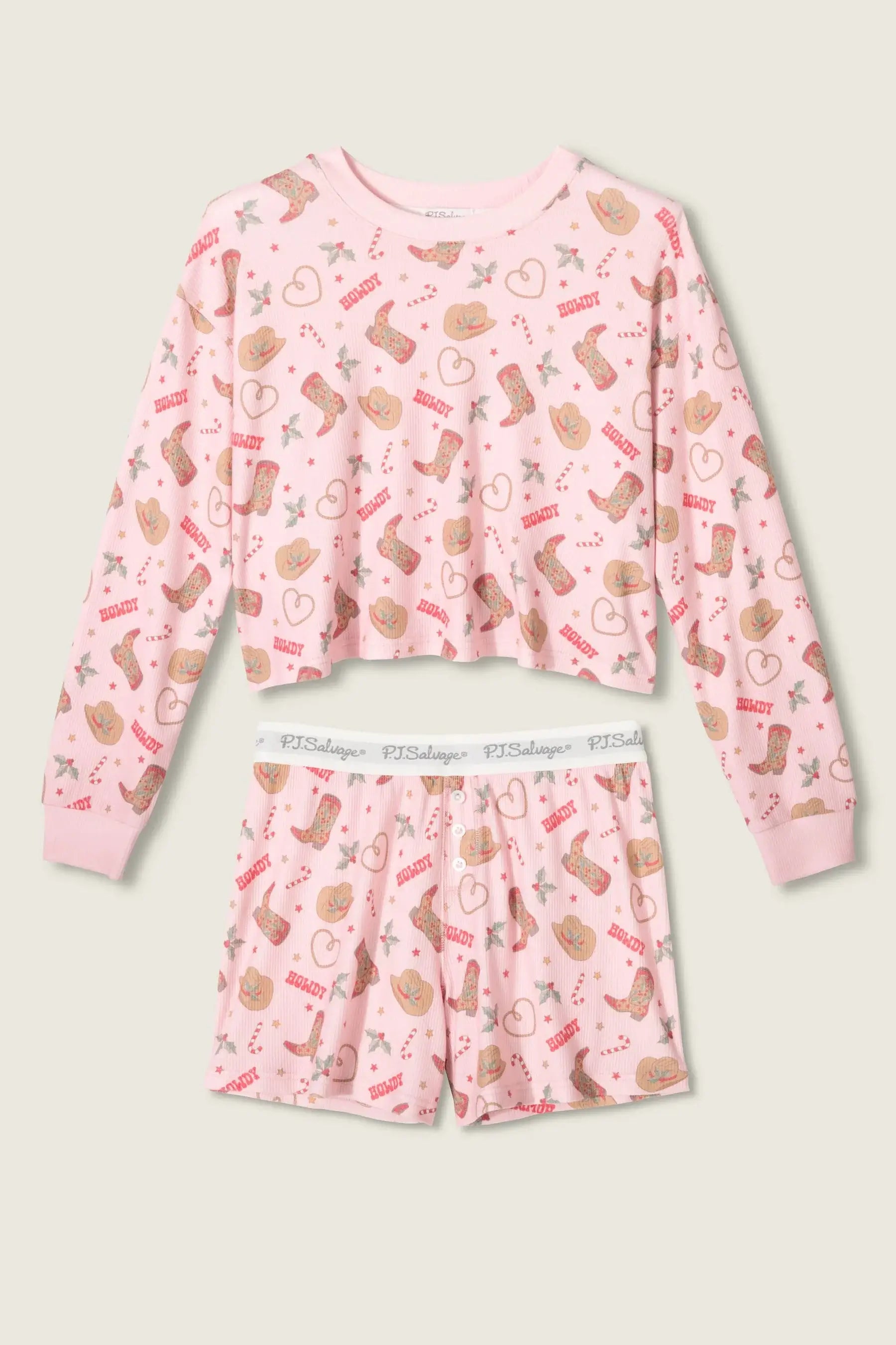 Women's Boyfriend Boxer Waffle Shorts Set pinky howdy western PJ Salvage