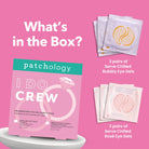 Patchology 'I Do Crew' eye gel party pack with eye gel packets on a pink background, Patchology I Do Crew bridal party eye gel pack bubbly rosé