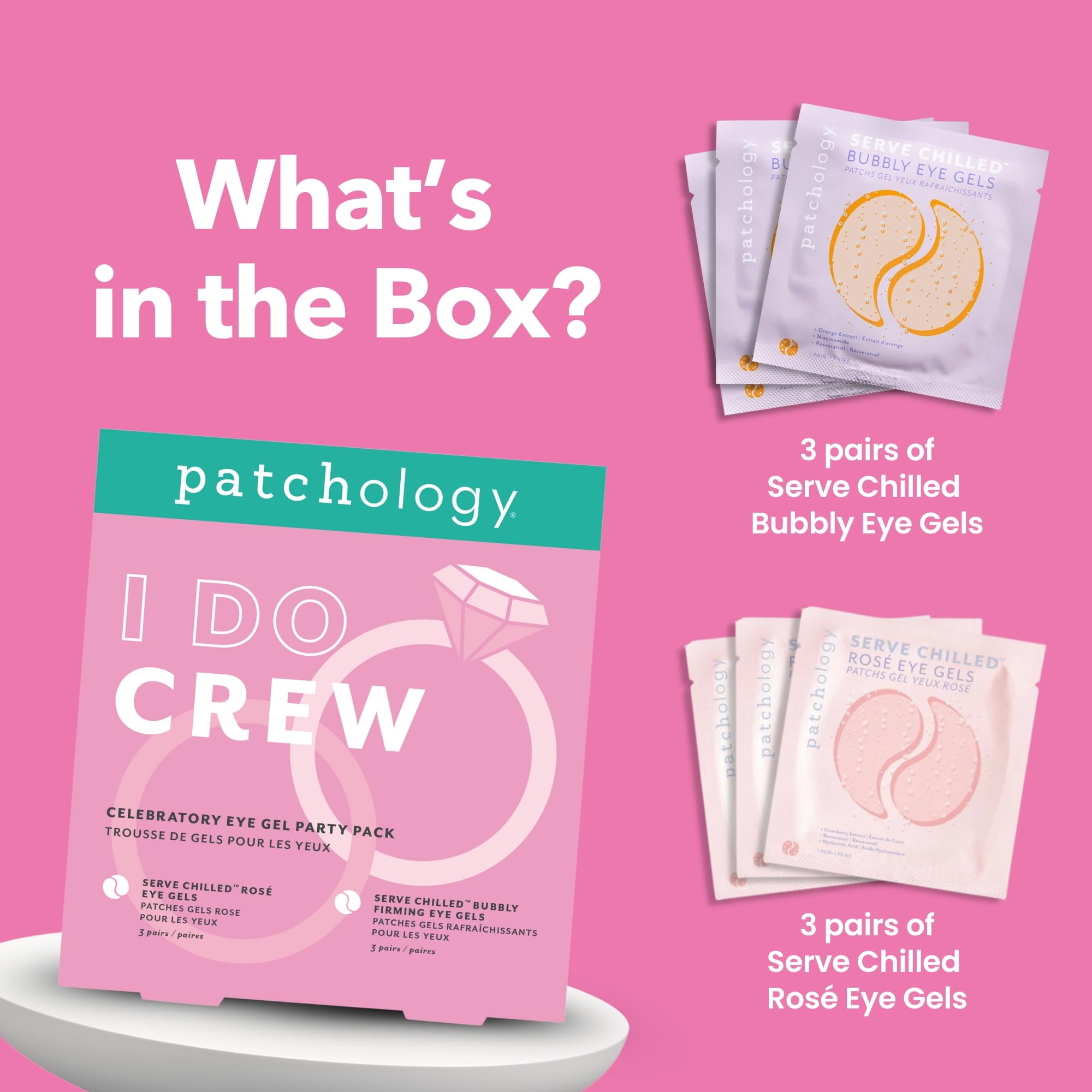 Patchology 'I Do Crew' eye gel party pack with eye gel packets on a pink background, Patchology I Do Crew bridal party eye gel pack bubbly rosé
