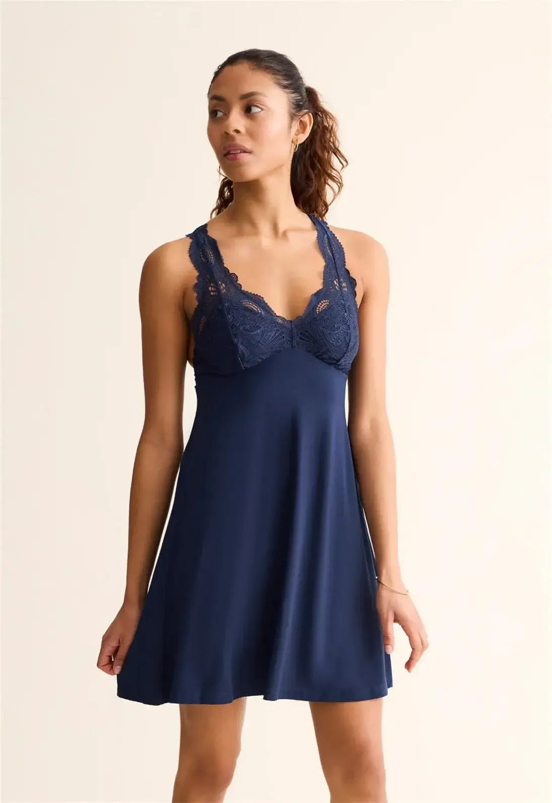 woman's full bust supportive lace nightgown with built in bra in ink blue charcoal by Fleur't