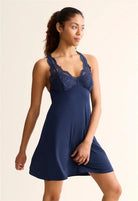 woman's full bust supportive lace nightgown with built in bra in ink blue charcoal by Fleur't