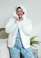 ivory white  cozy cardi jan marie women's fluffy sweater coat with hood