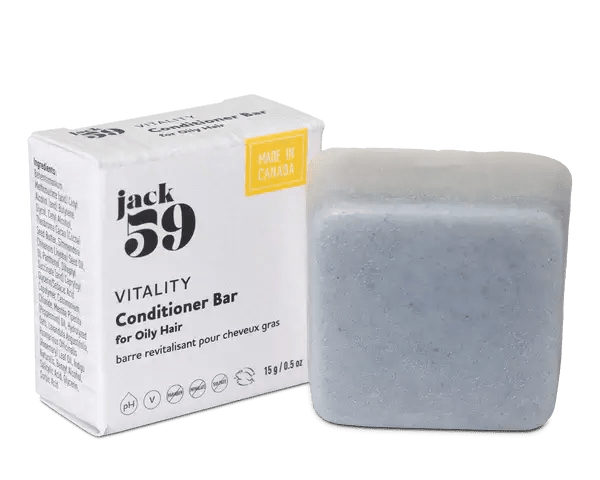 Jack59 Travel Buddies Conditioner Bar for oily hair in packaging, made in Canada, compact and eco-friendly.