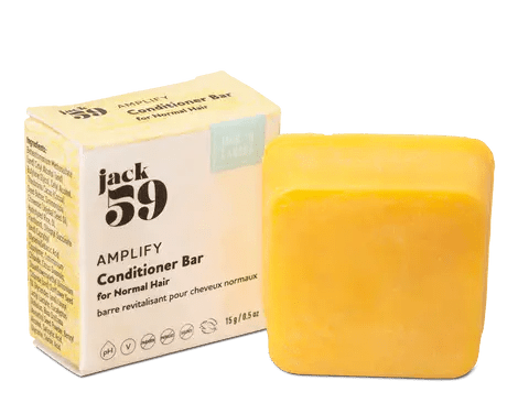 Jack59 Travel Buddies Conditioner Bar packaging and solid yellow bar for normal hair.