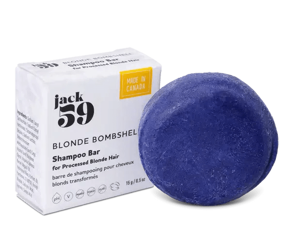 Jack59 Travel Buddies Shampoo Bar in blonde bombshell formula for processed blonde hair, eco-friendly packaging.