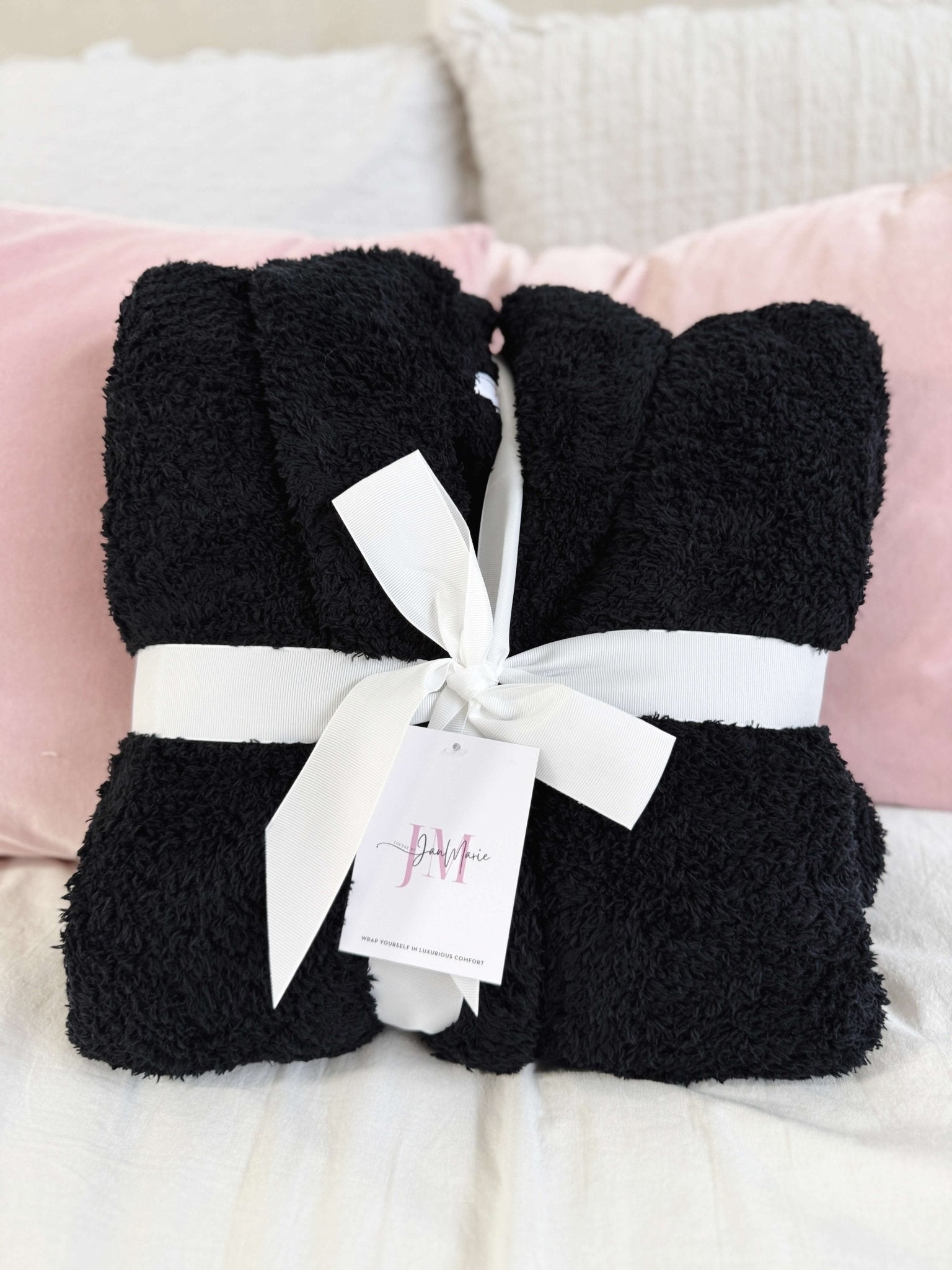 Black Chenille Cloud Spa Robe | Cozy Plush Lounge shown wrapped in ribbon