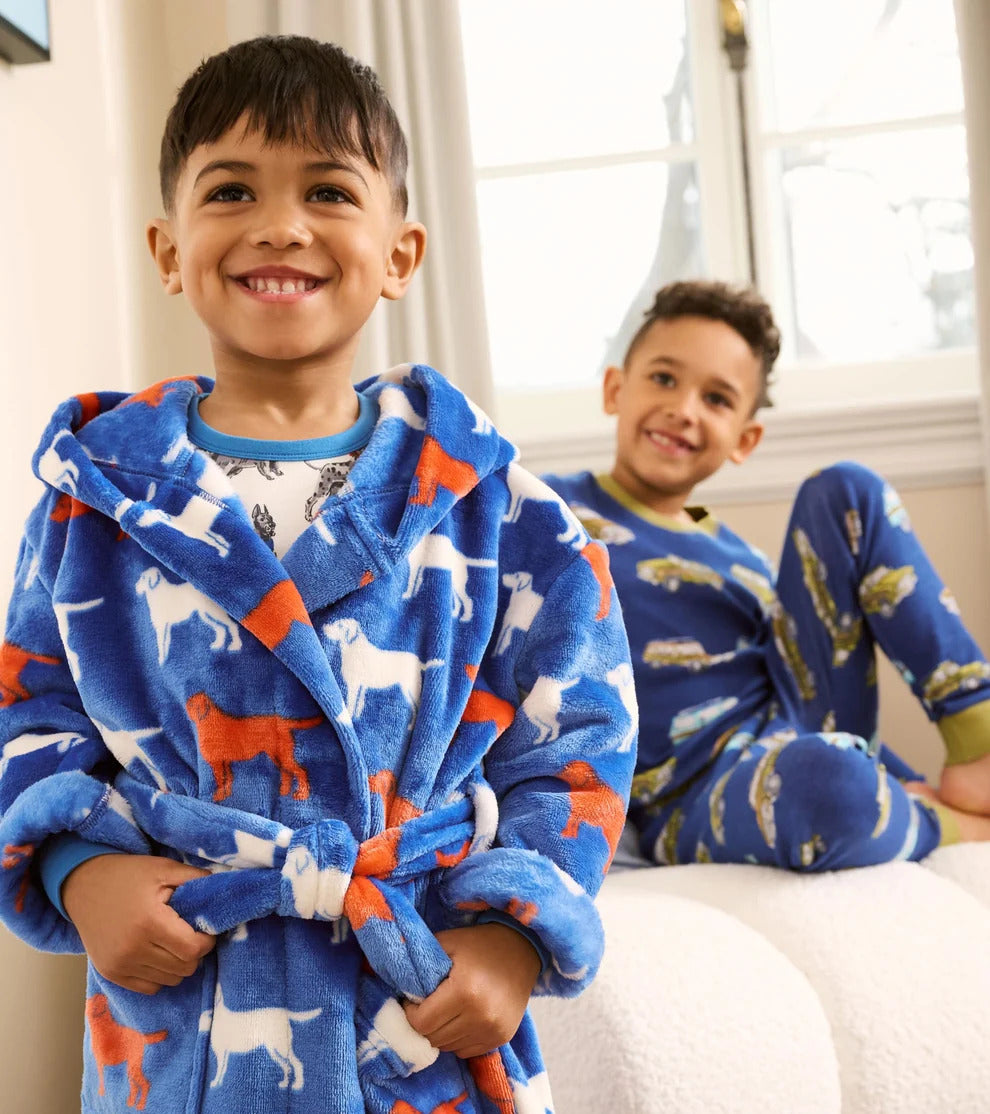 Hatley Kids Fleece Robe Dogs print blue hooded wrap robe — Cloud Nine Pajamas Edmonton
