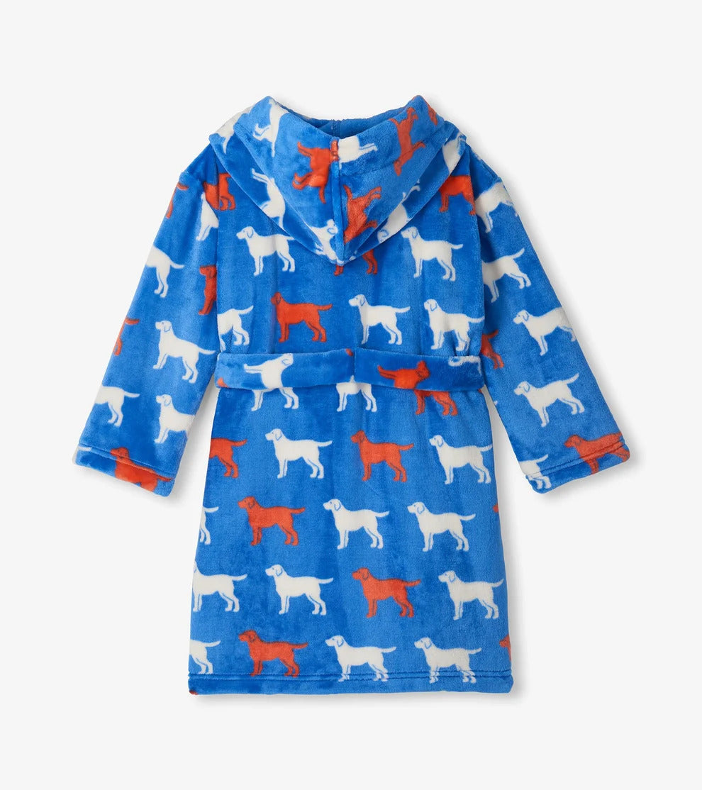 Hatley Kids Fleece Robe Dogs blue hood and sleeve detail — Cloud Nine Pajamas
