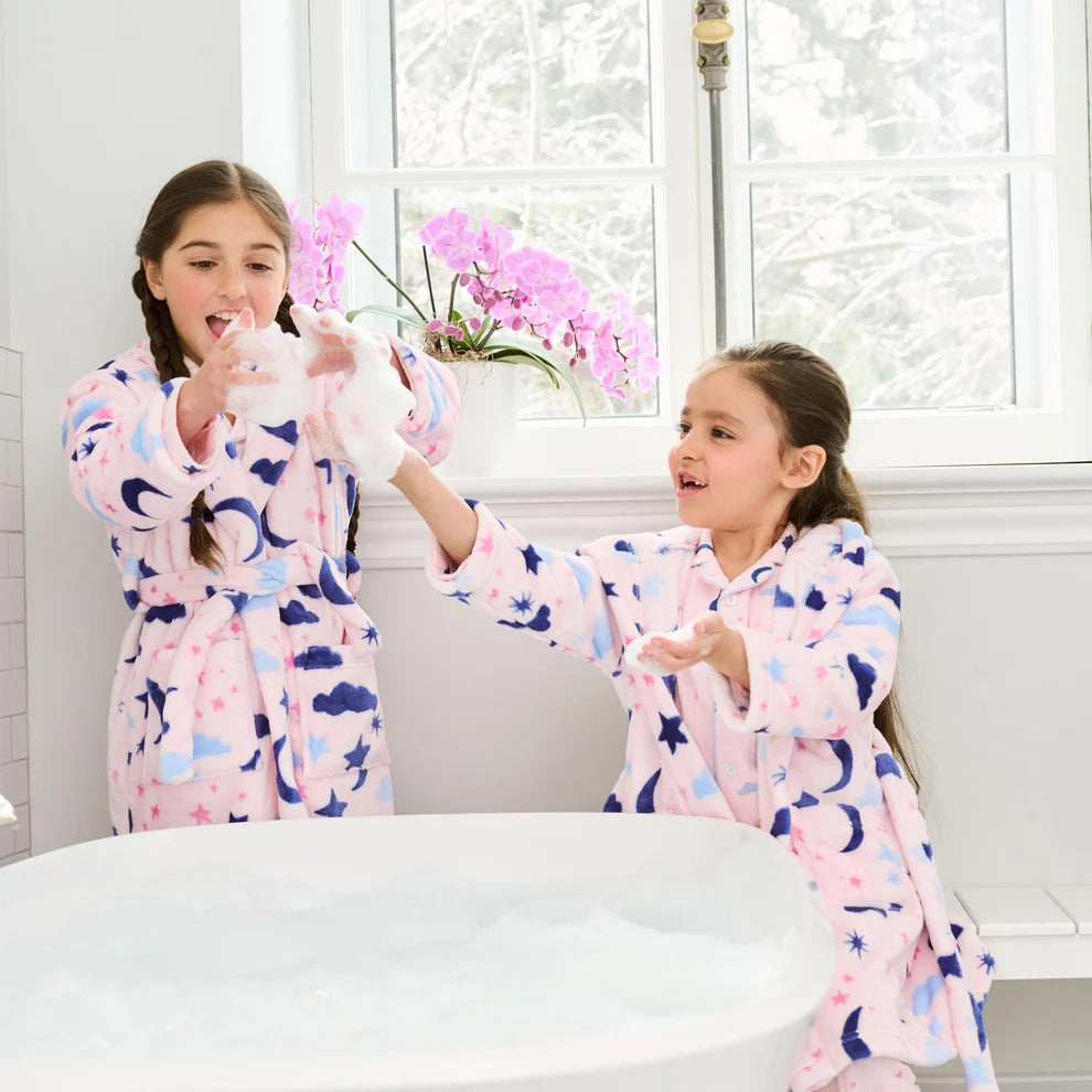 Hatley Kids Fleece Robe Night Sky print pink hooded wrap robe — Cloud Nine Pajamas Edmonton