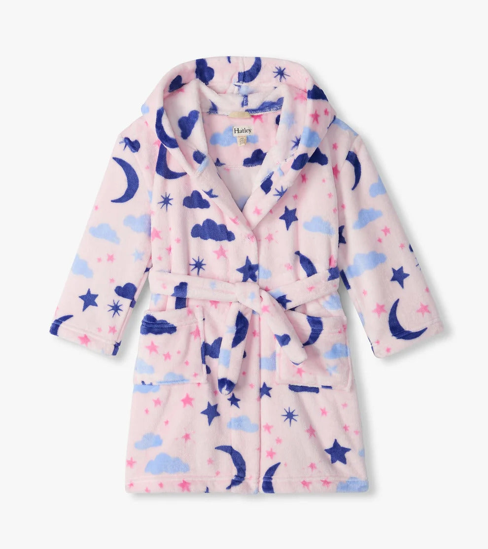 Hatley Kids Fleece Robe Night Sky pink detail patch pockets and belt — Cloud Nine Pajamas
