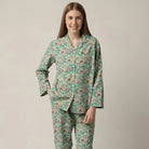 Kimberly Floral Print Button-Down Cotton Pajama Set woman's green floral print button up pajama set with straight leg in 100% cotton by mahogany