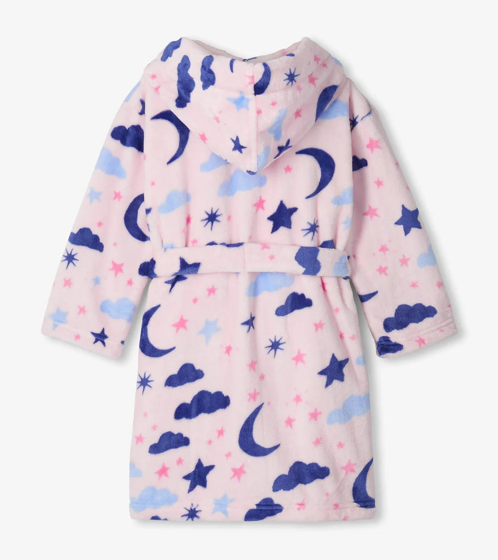 Hatley Kids Fleece Robe Night Sky pink hood detail — Cloud Nine Pajamas