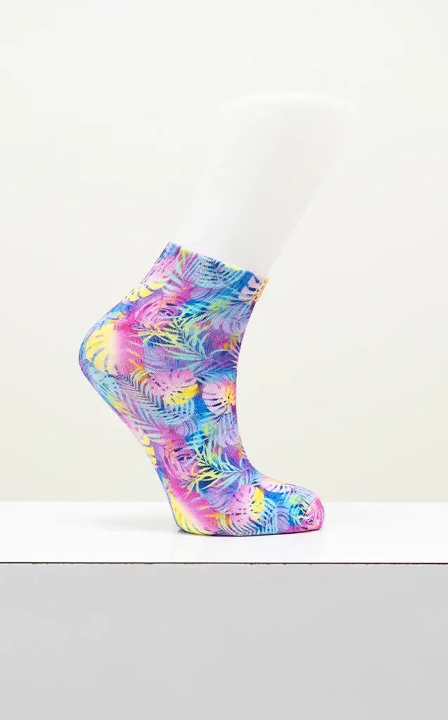 Ladies Bamboo Ankle Socks featuring a vibrant tropical print in colorful shades of pink, blue, and yellow.