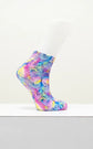 Ladies Bamboo Ankle Socks featuring a vibrant tropical print in colorful shades of pink, blue, and yellow.