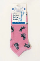 Ladies Bamboo Ankle Socks in pink with animal designs, perfect for comfort and moisture-wicking during active lifestyles.