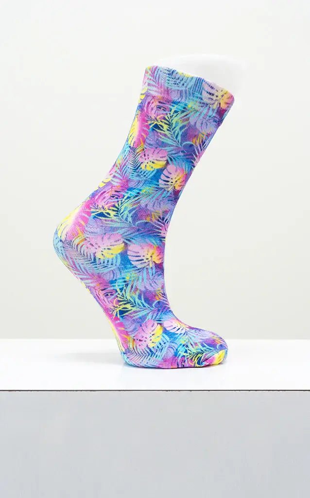 Ladies Bamboo Crew Dress Socks in vibrant tropical print, offering comfort and style for any occasion.