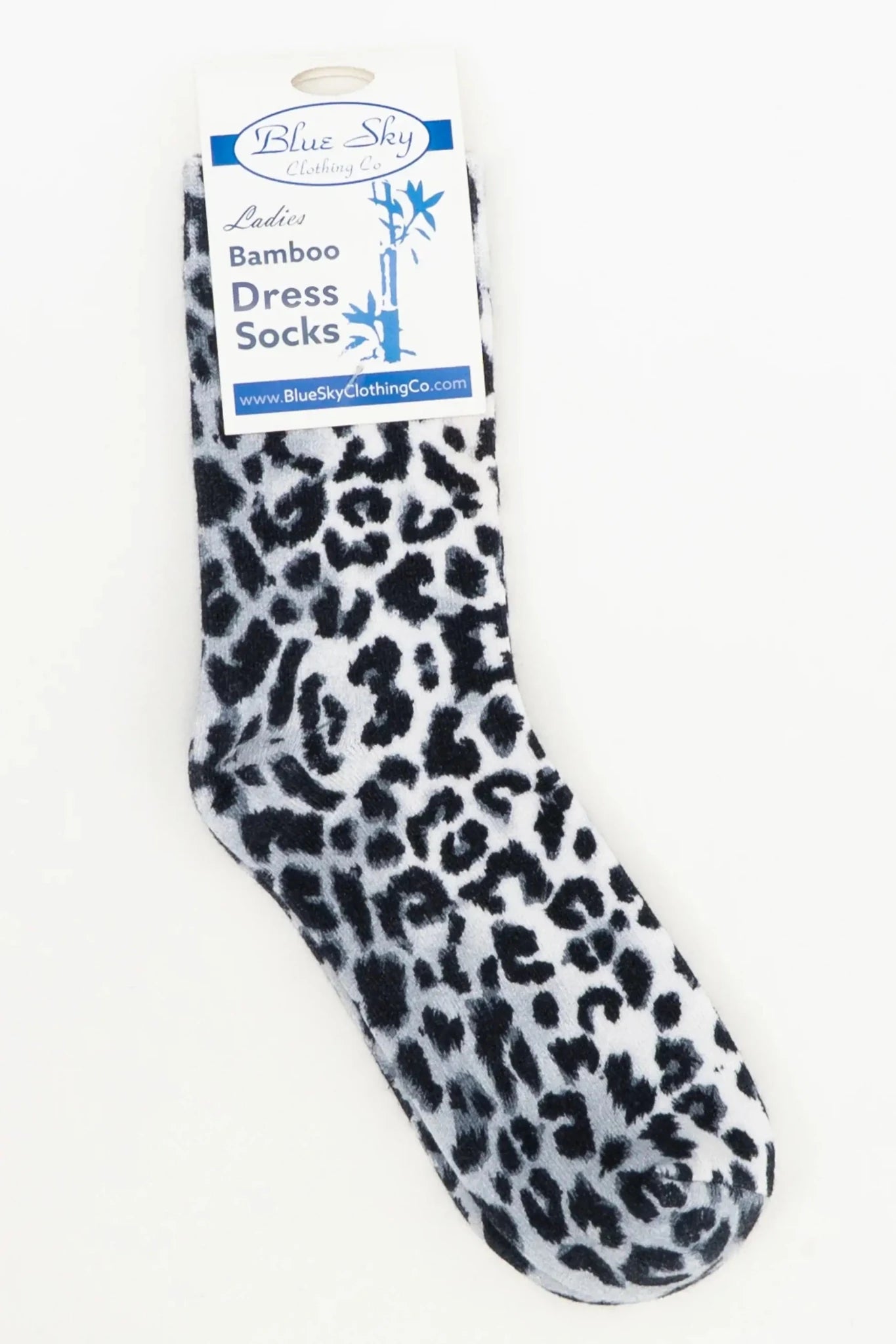 Ladies Bamboo Crew Dress Socks in a stylish leopard print design by Blue Sky Clothing Co.