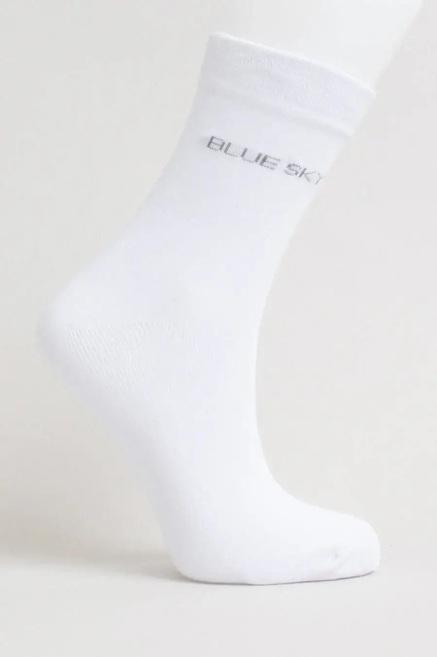 Ladies Bamboo Crew Dress Socks featuring a white design with Blue Sky branding for comfort and style.