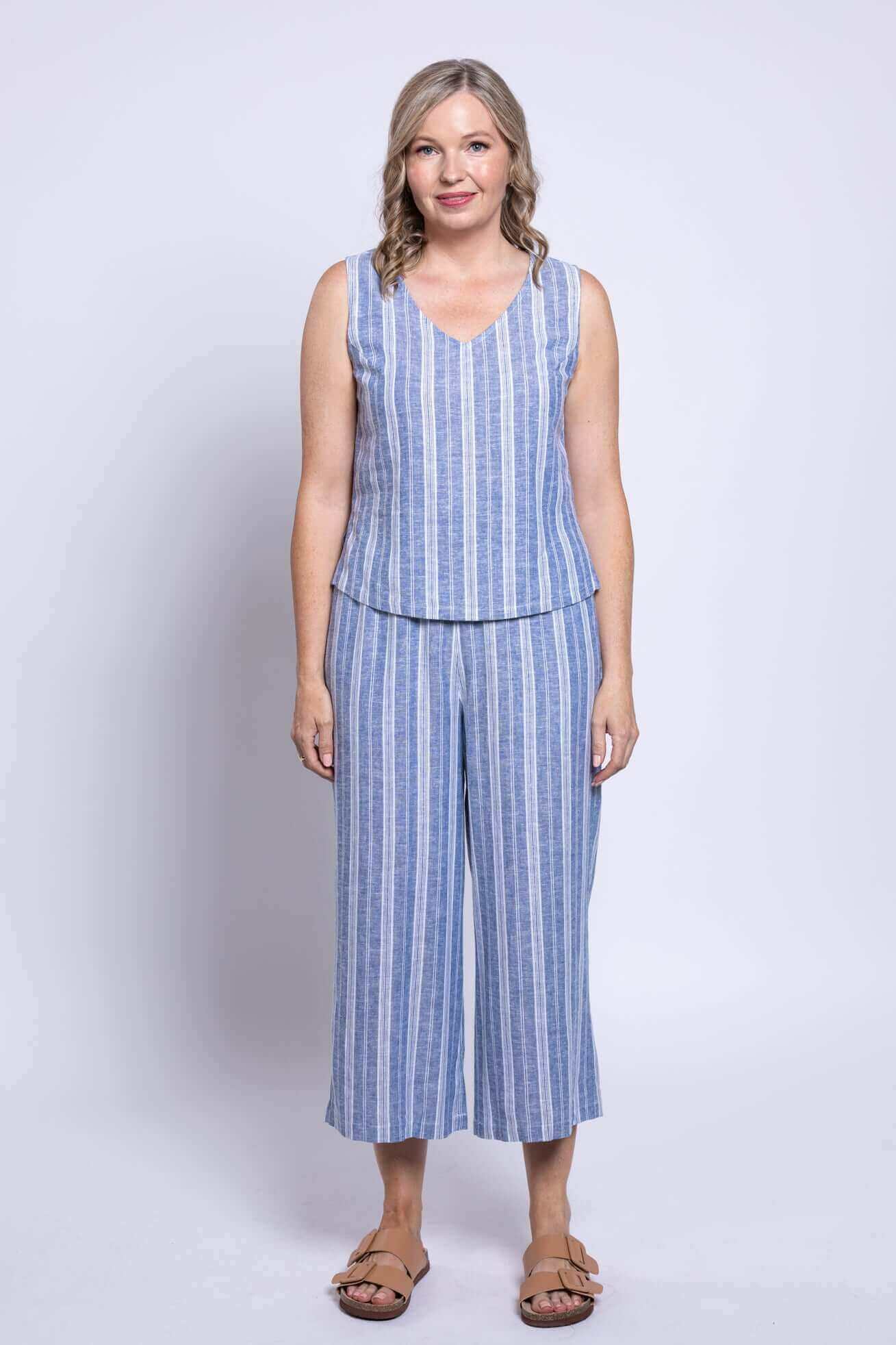 Landon Capri – Striped Linen-Bamboo Wide-Leg Cropped Pant in Sandstripe, perfect for effortless coastal style.