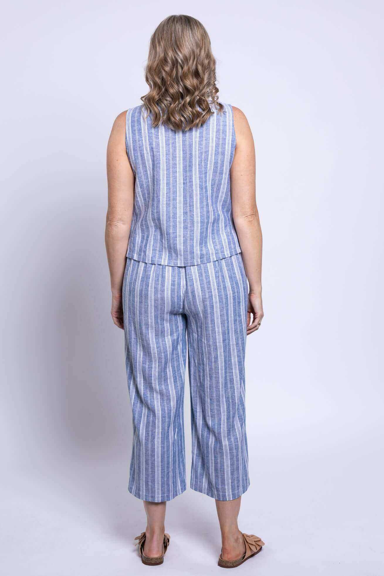 Landon Capri – Striped Linen-Bamboo Wide-Leg Cropped Pant in Sandstripe, perfect for effortless coastal style. Showing back view on model