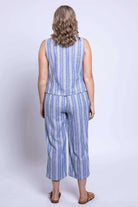 Landon Capri – Striped Linen-Bamboo Wide-Leg Cropped Pant in Sandstripe, perfect for effortless coastal style. Showing back view on model