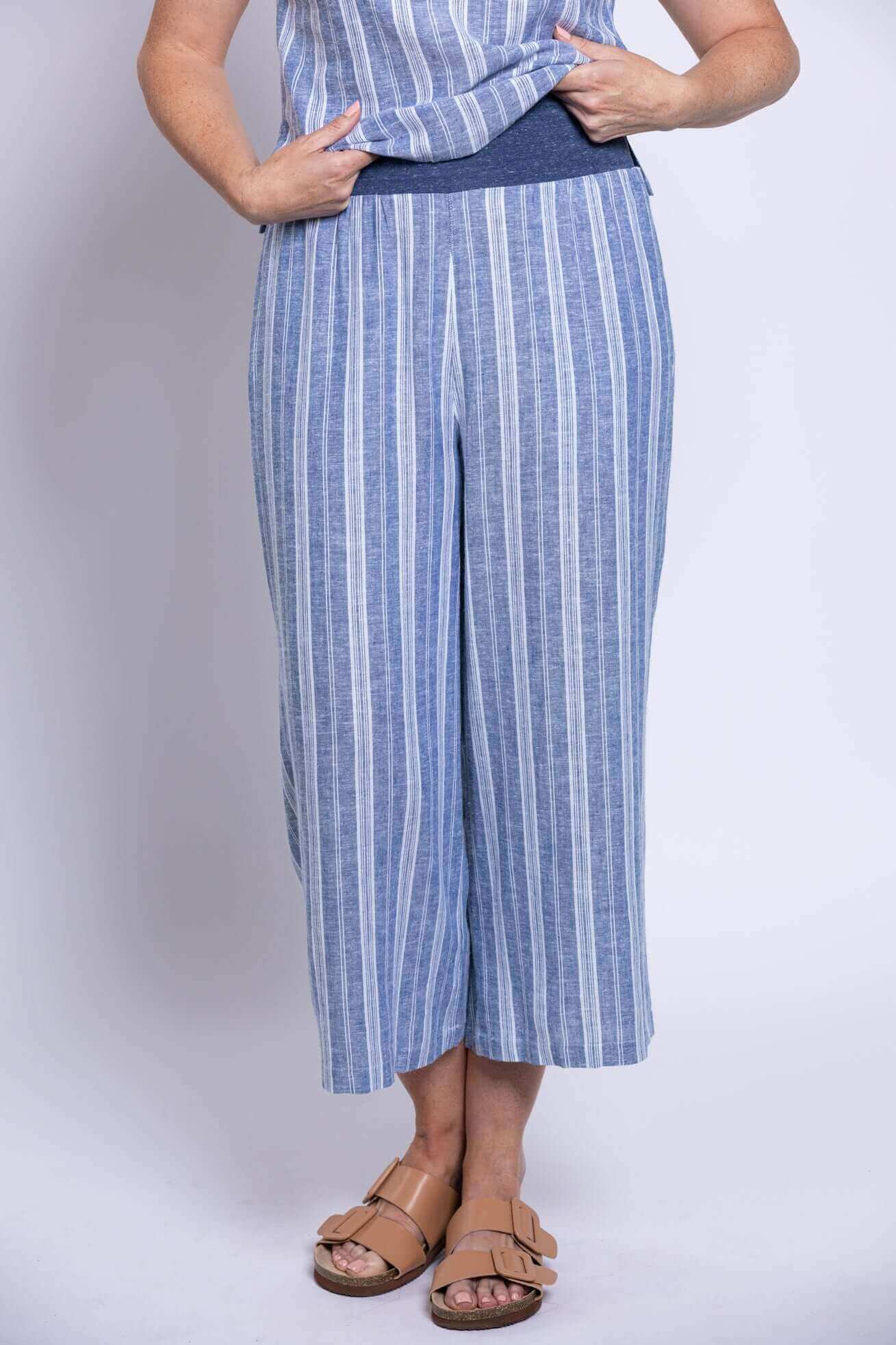 Landon Capri – Striped Linen-Bamboo Wide-Leg Cropped Pant in Sandstripe, perfect for effortless coastal style.