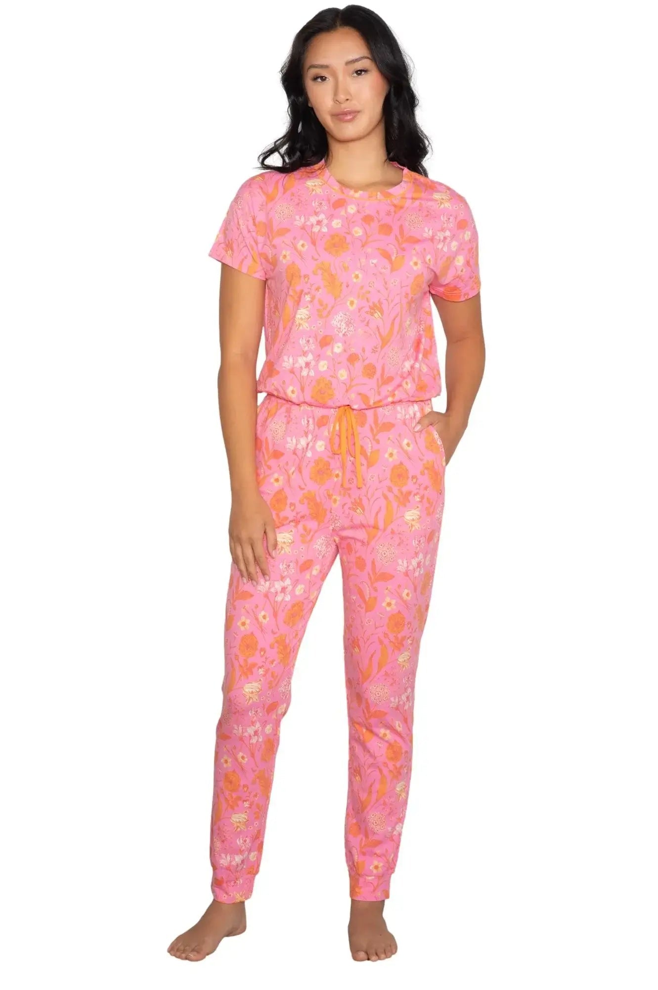 Latte Love Floral Print Cotton-Modal Relaxed Set on model featuring vibrant floral design in pink tones.