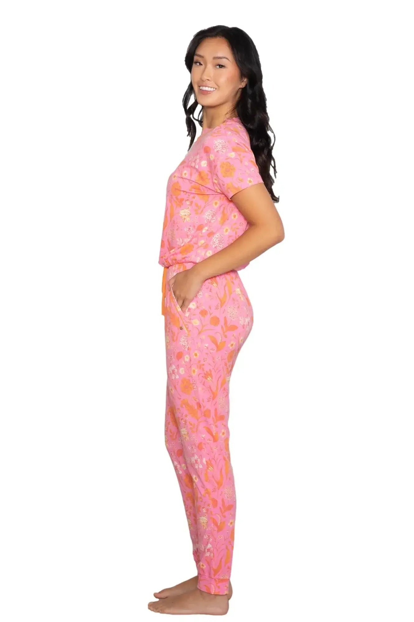 Latte Love Floral Print Cotton-Modal Relaxed Set on model featuring vibrant floral design in pink tones.