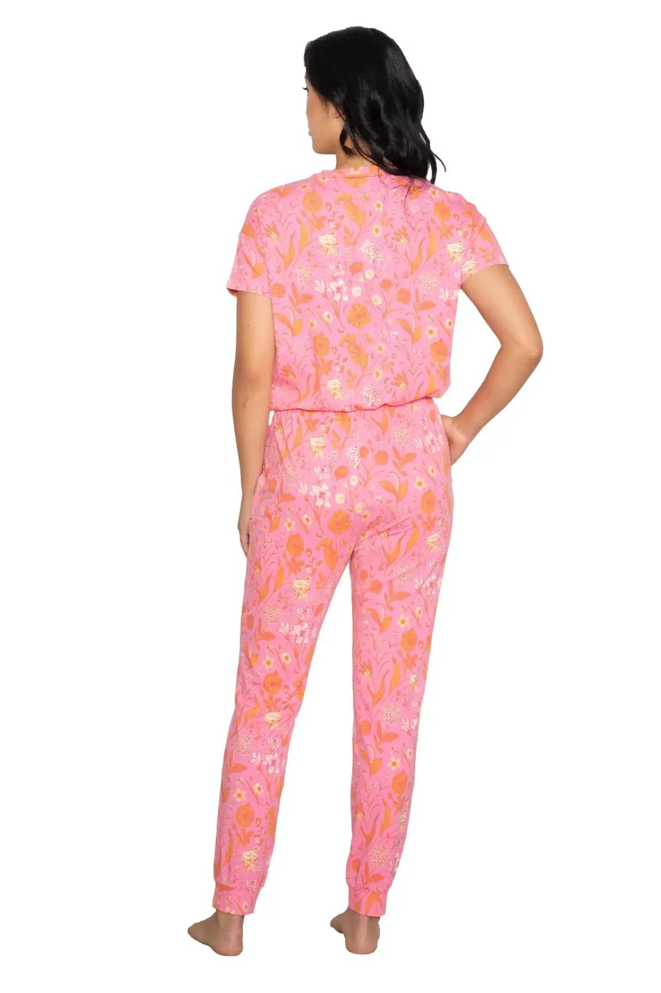 Latte Love Floral Print Cotton-Modal Relaxed Set on model featuring vibrant floral design in pink tones.