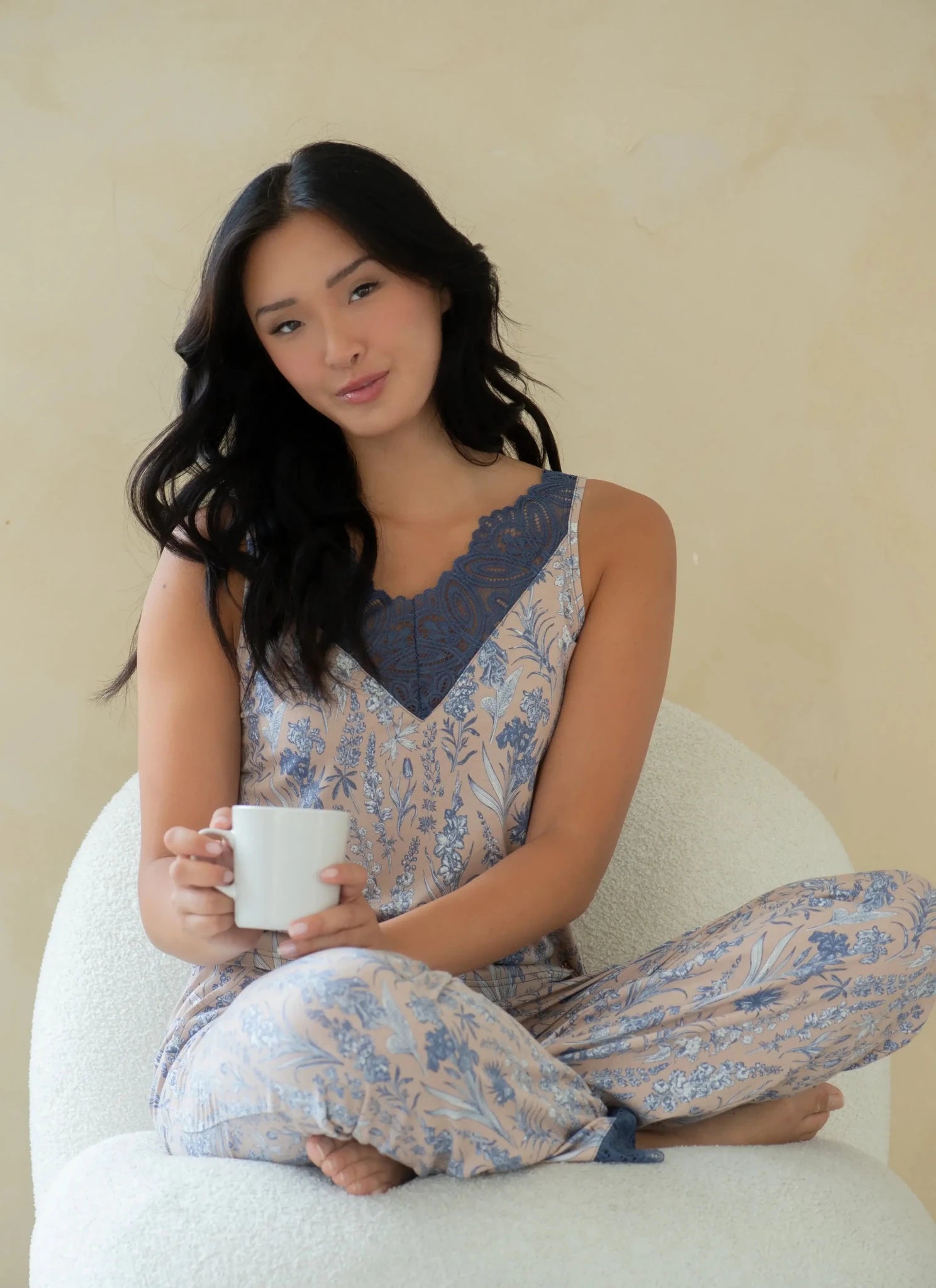 Latte Love - Lace Tank & Pant Set | Multiple Prints worn by a model holding a cup, showcasing its comfort and style.