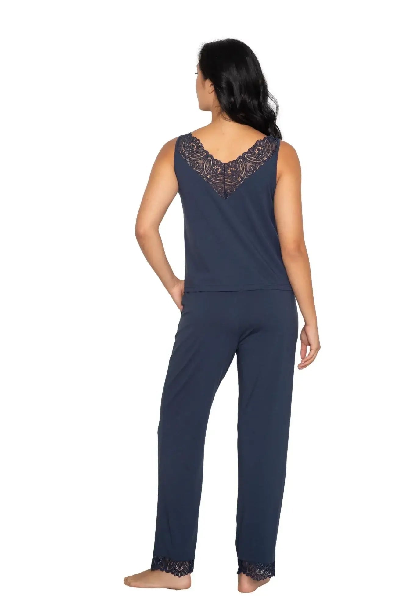 Latte Love - Lace Tank & Pant Set | Multiple Prints worn by model showcasing back view and lace details.