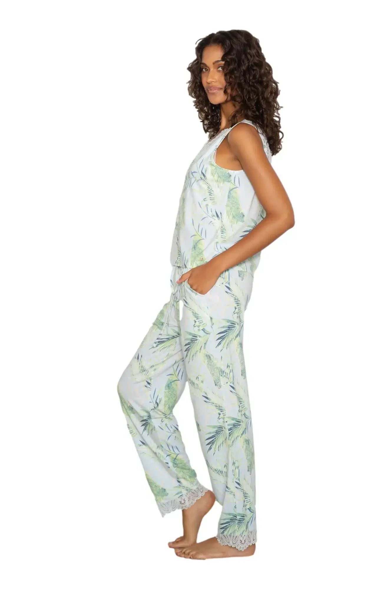 Latte Love - Lace Tank & Pant Set | Multiple Prints in a stylish tropical print worn by a model.