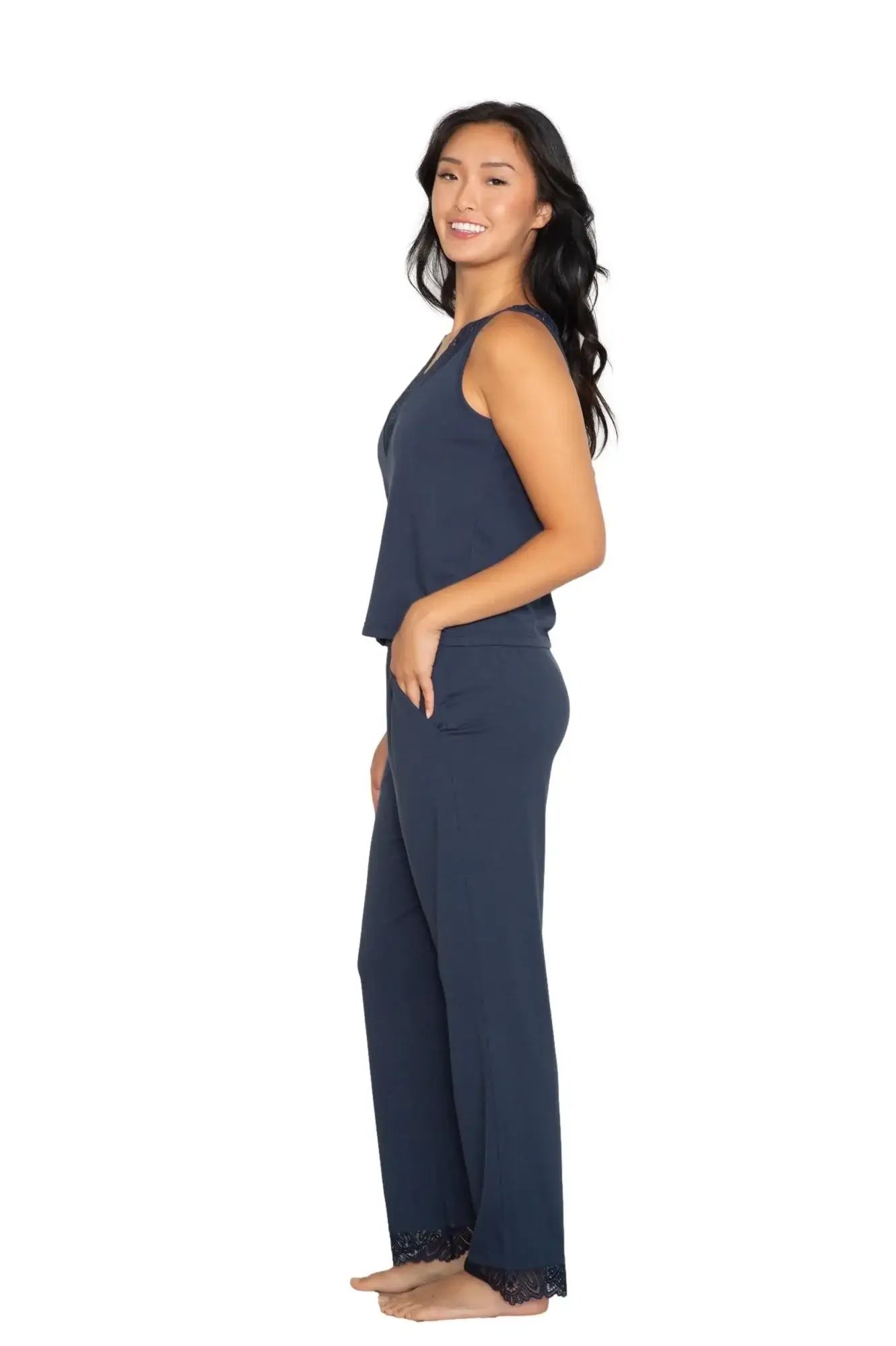 Latte Love - Lace Tank & Pant Set | Multiple Prints model wearing stylish navy set side view.