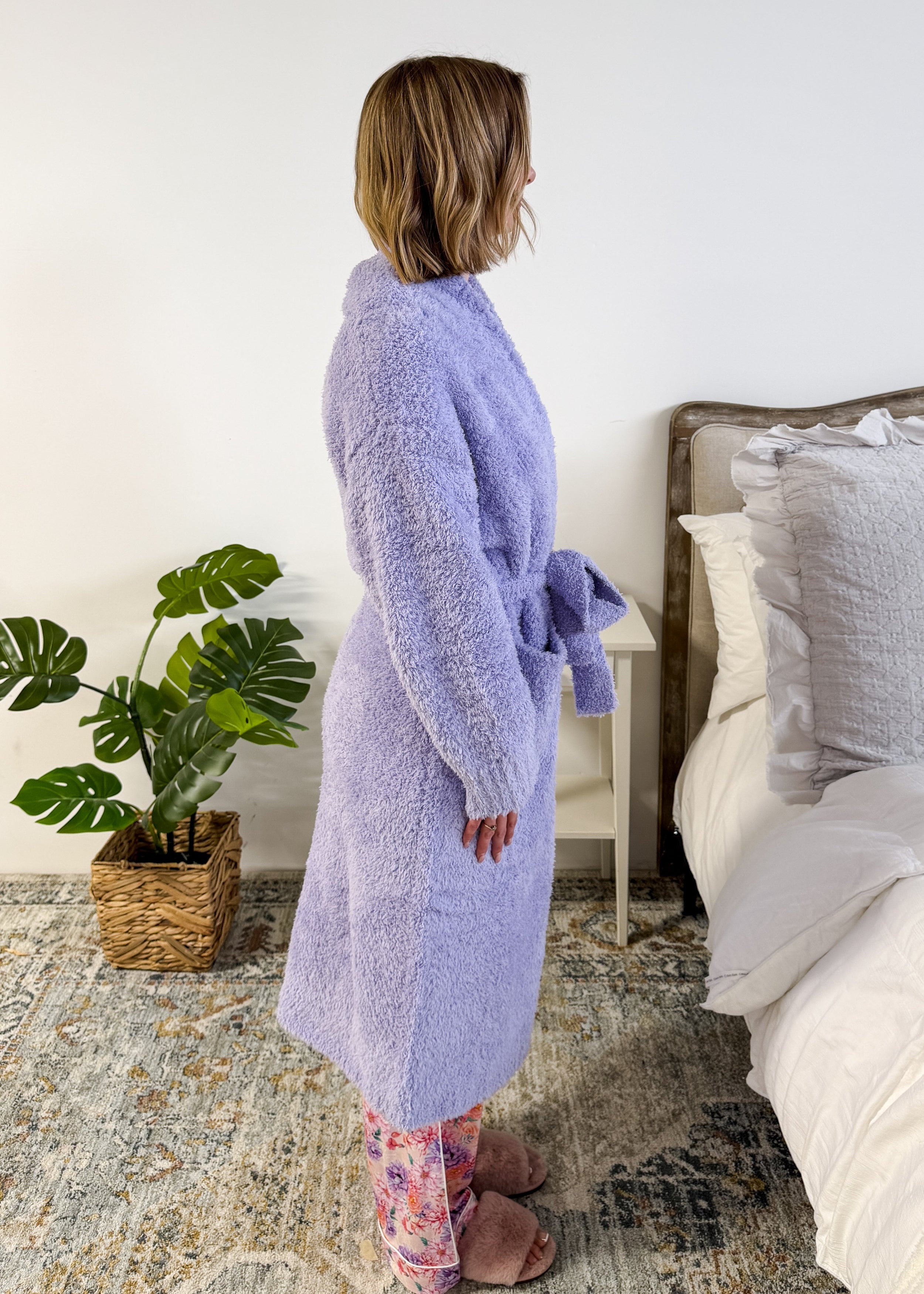 Lavender Chenille Cloud Spa Robe – Plush Stretch Robe with Pockets side profile showing length and fit