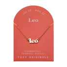 Zodiac Script Necklace in 14K Plated Gold featuring the Leo astrological sign on a stylish card.