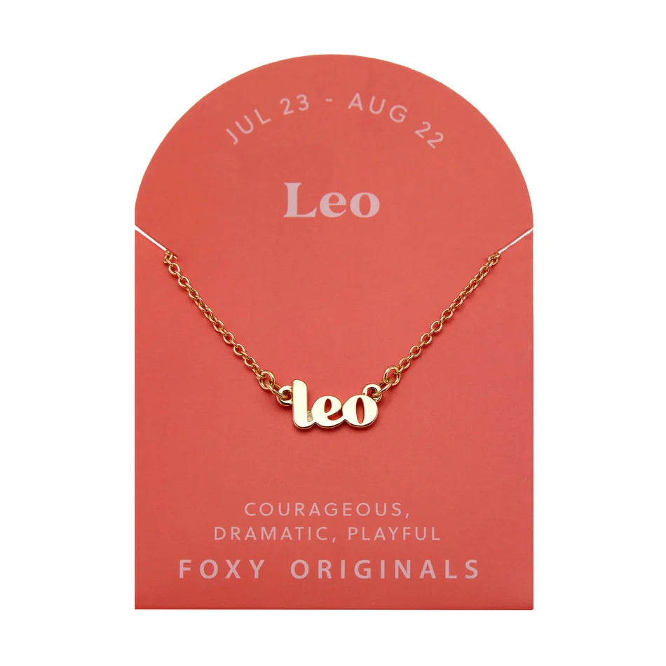 Zodiac Script Necklace in 14K Plated Gold featuring the Leo astrological sign on a stylish card.