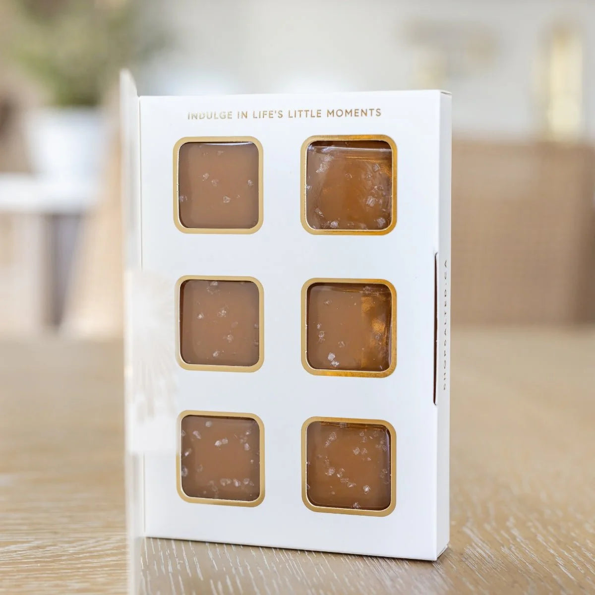 Salted Let's Celebrate caramel box open showing 6 handcrafted caramels — Cloud Nine Pajamas