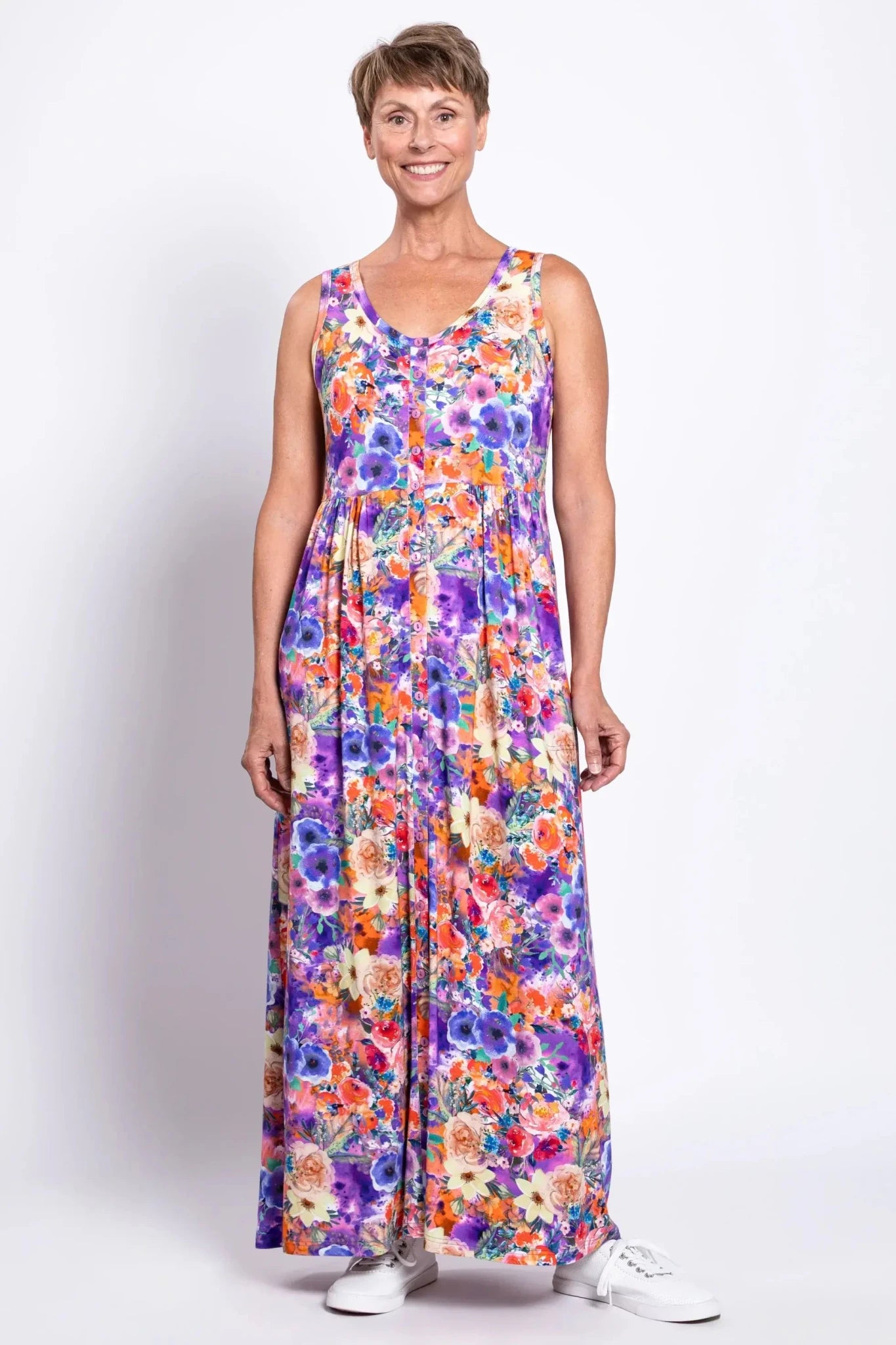 Liane Bamboo Maxi Dress – Violet Fiesta Floral Button - Front with Pockets - Blue Sky Clothing Co - Cloud Nine Pajamas