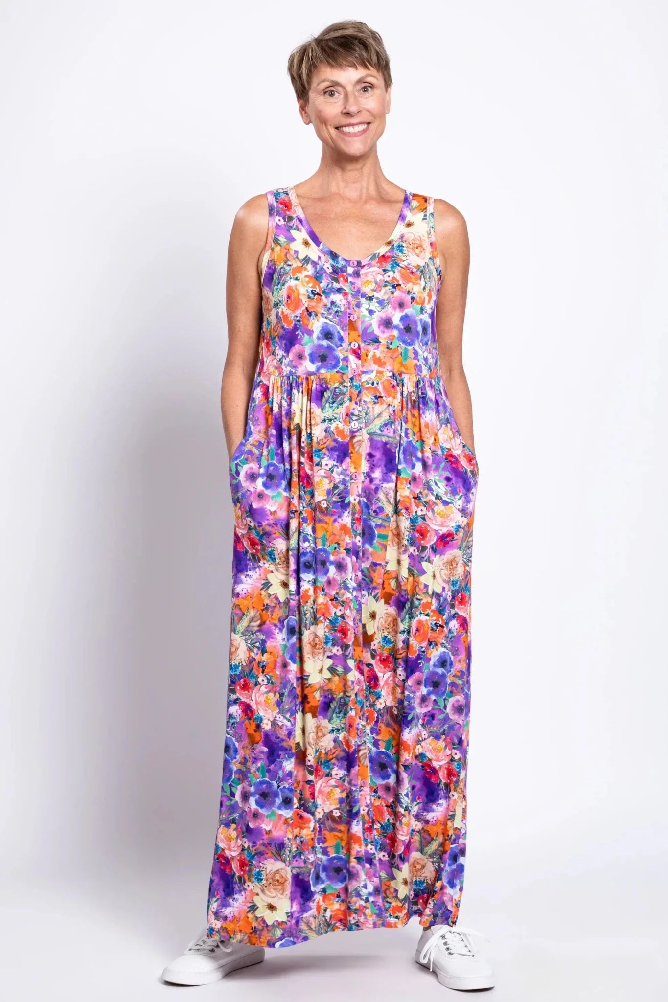 Liane Bamboo Maxi Dress – Violet Fiesta Floral Button - Front with Pockets - Blue Sky Clothing Co - Cloud Nine Pajamas