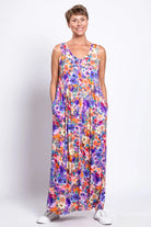 Liane Bamboo Maxi Dress – Violet Fiesta Floral Button - Front with Pockets - Blue Sky Clothing Co - Cloud Nine Pajamas