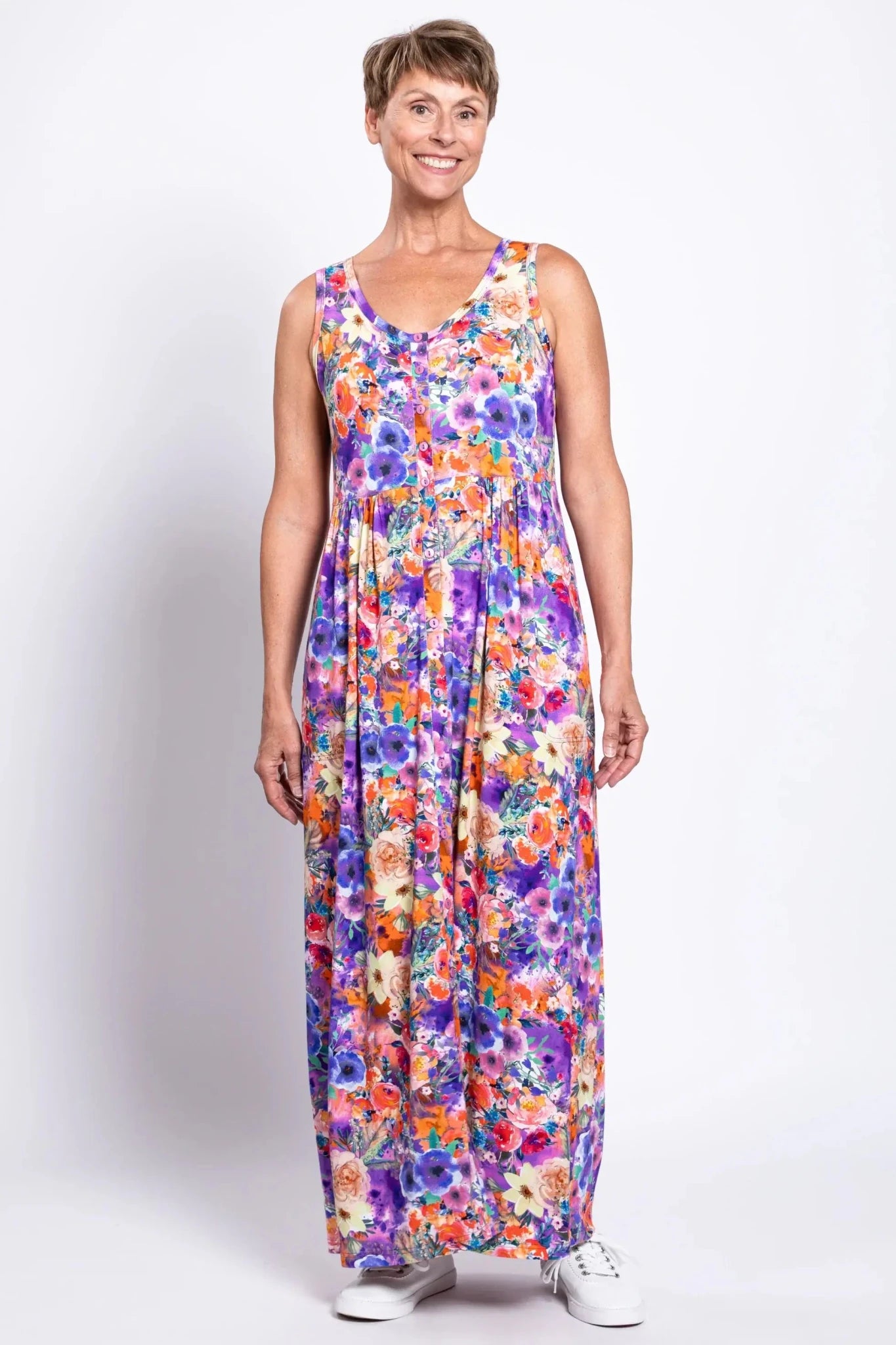 Liane Bamboo Maxi Dress – Violet Fiesta Floral Button - Front with Pockets - Blue Sky Clothing Co - Cloud Nine Pajamas
