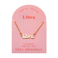 Zodiac Script Necklace in 14K Plated Gold featuring the astrological sign Libra on a pink card by Foxy Originals.