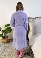 Lavender Chenille Cloud Spa Robe – Plush Stretch Robe with Pockets back profile shot showing length on model
