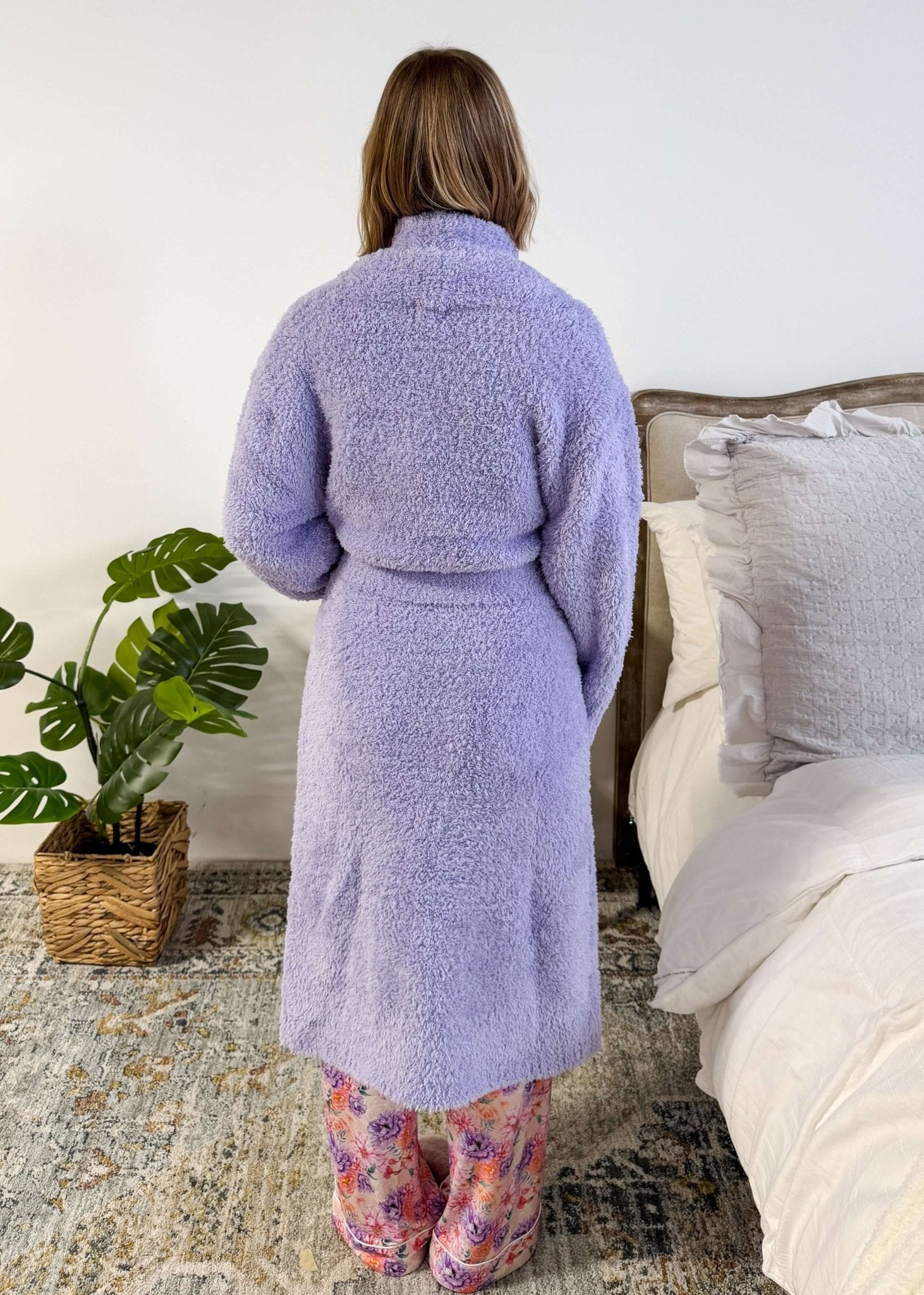 Lavender Chenille Cloud Spa Robe – Plush Stretch Robe with Pockets back profile shot showing length on model