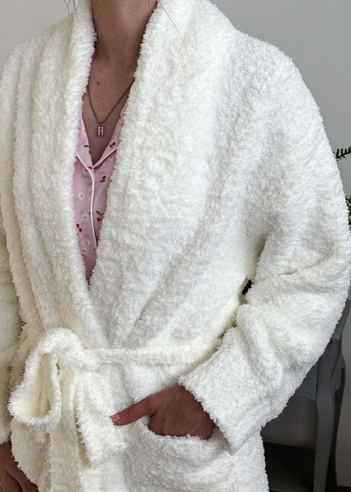 Ivory Chenille Cloud Spa Blanket Robe | Ultra Soft showing closeup of the plush fabric 