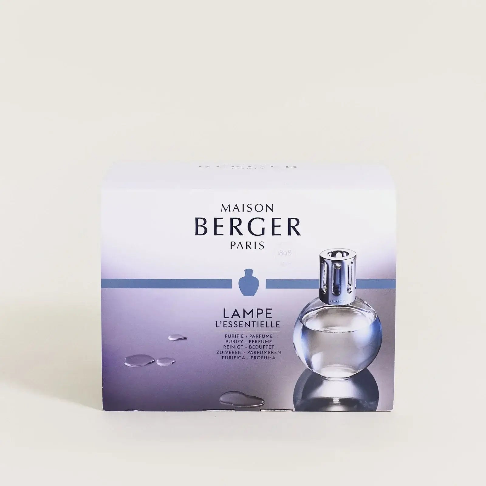 Maison Berger Paris Fragrance Lamp Starter Kit – Round Glass with lamp and fragrance bottles showing box