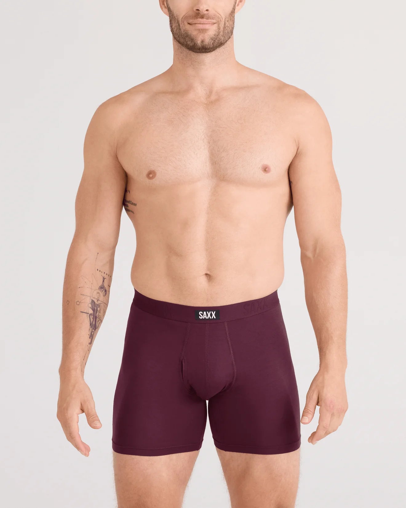 men's comfort boxer briefs with ball pouch technology by saxx - 2 pack gift box in maroon/indigo