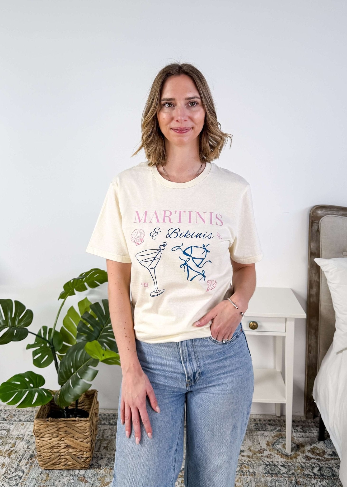 Martinis & Bikinis Crew Fit Graphic Tee shown tucked in