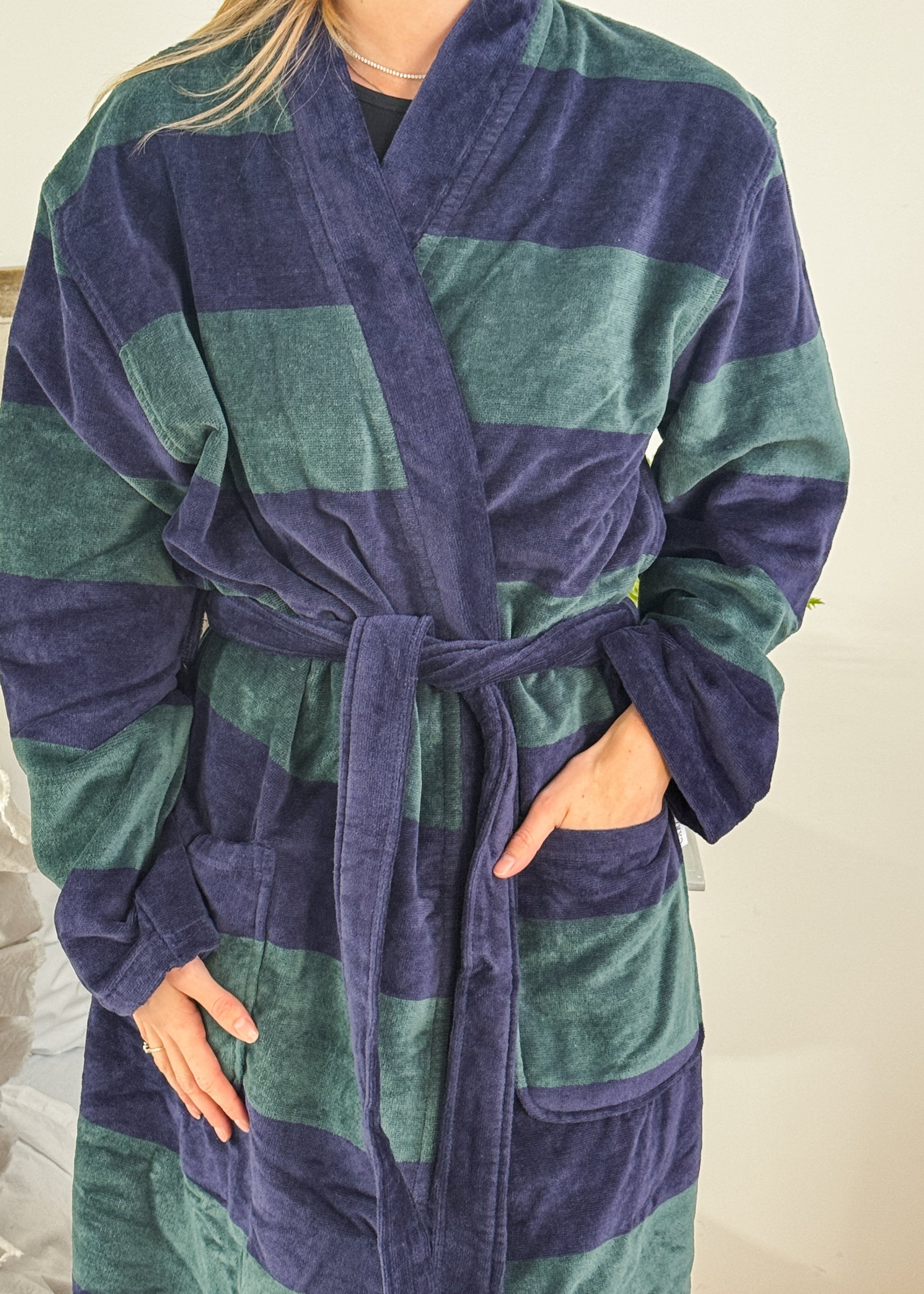 men's striped navy green terry robe CARL ROSS