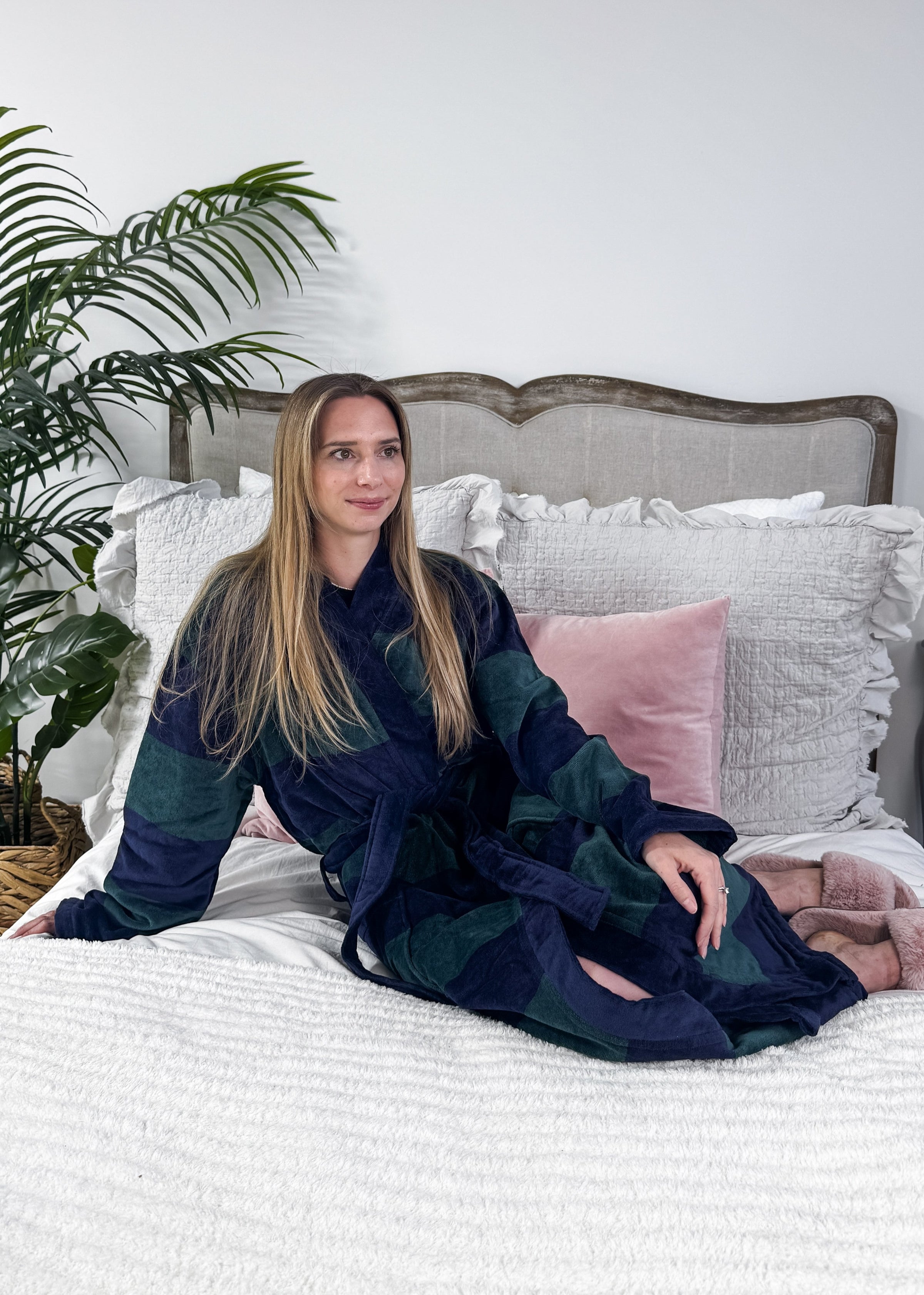 men's striped navy green terry robe CARL ROSS